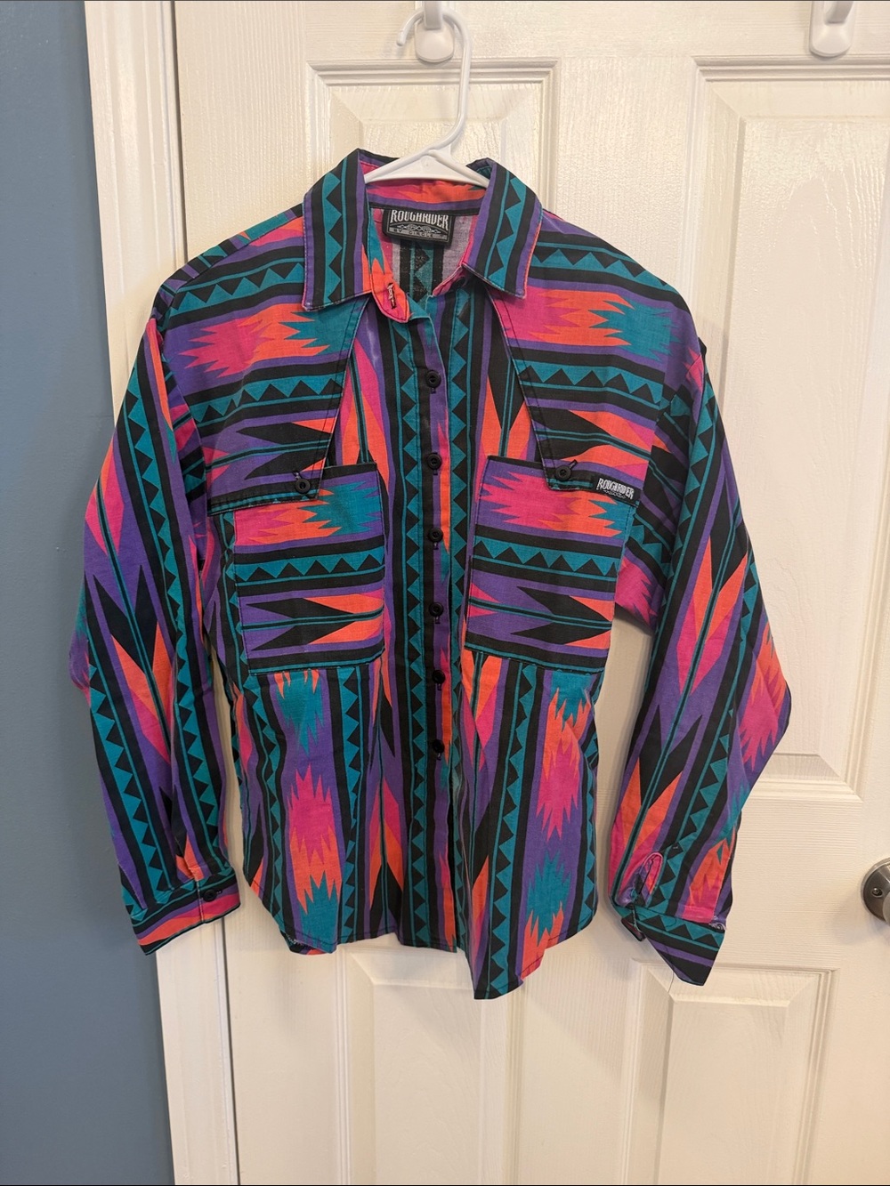 •ROUGHRIDER• Vintage Western Button-Up Shirt w/ colorful geometric print sz 5/6